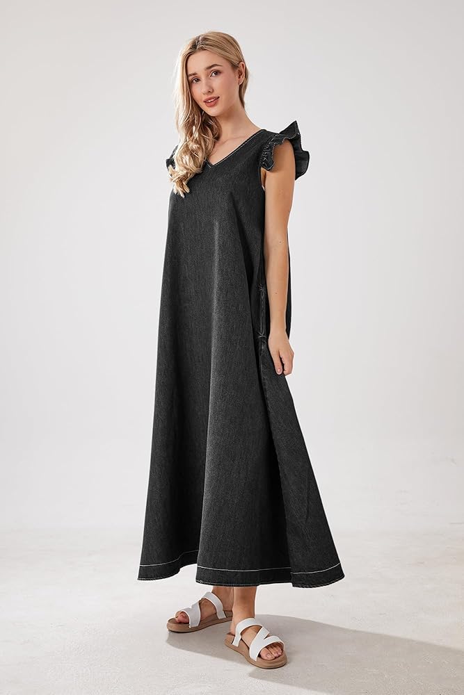 utcoco Womens Long Denim Dress Casual Loose Fit Ruffle